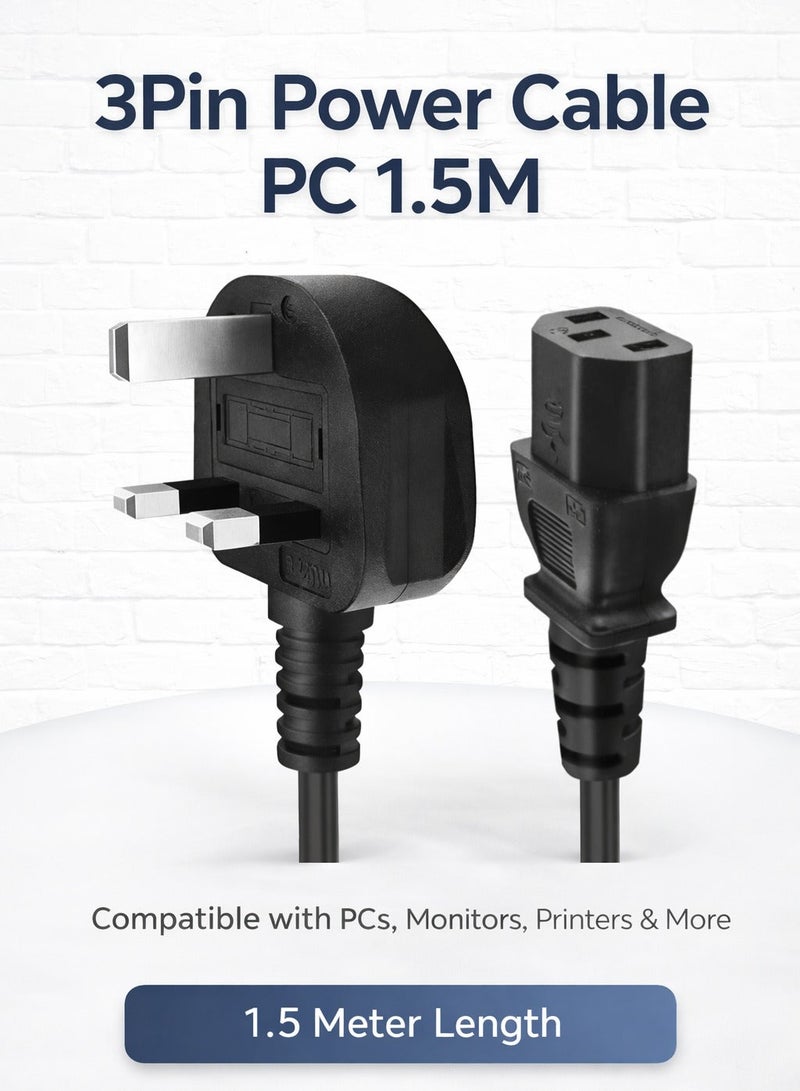 فوجيشكا كابل طاقة للكمبيوتر الشخصي بطول 1.5 متر (6 أقدام) - كابل تيار متردد ثلاثي الأطراف عالي التحمل مع سلك نحاسي نقي وفتيل مدمج - للكمبيوتر الشخصي والشاشة والتلفزيون والطابعة والناسخة وآلة التقطيع - أسود - Image 1